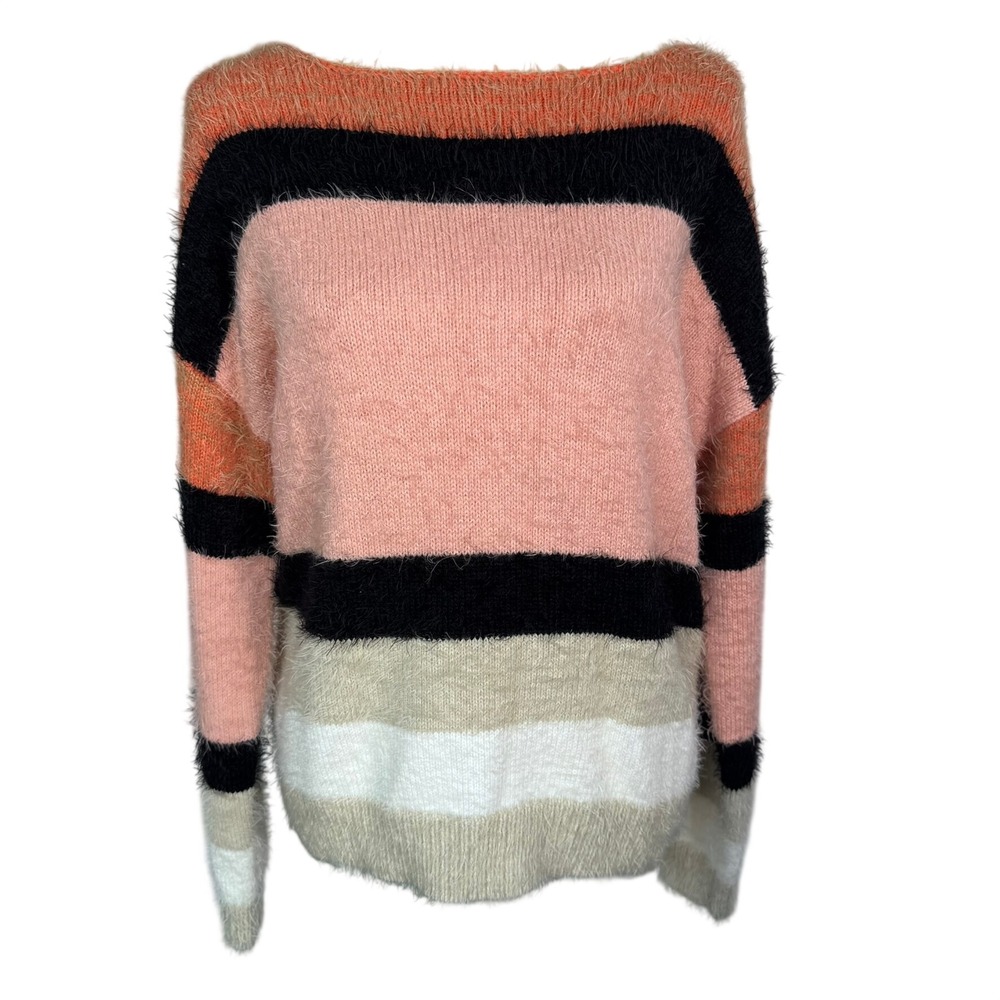 HEM & THREAD Women Small Orange Eyelash Knit Colorblock Striped Boatneck Sweater